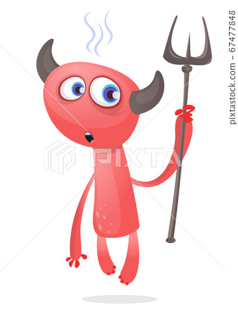 Cartoon illustration of funny red devil character with horns holding trident. Vector Cartoon illustration of funny red devil character with horns holding trident. Vector 67477848