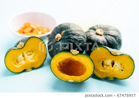 Green Japanese pumpkin preparing for cooking, Organic vegetable Green Japanese pumpkin preparing for cooking, Organic vegetable 67478957