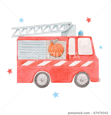 Beautiful image with cute watercolor toy fire engine. Stock illustration. 67479342