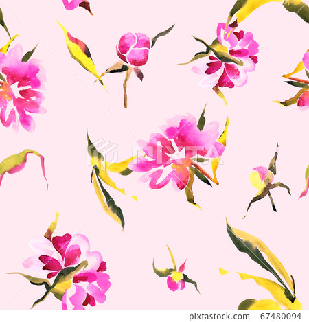 Watercolor seamless botanical pattern. Hand drawn opulent blossom peonies with foliage. Floral background in vintage style. Watercolor seamless botanical pattern. Hand drawn opulent blossom peonies with foliage. Floral background in vintage style. 67480094