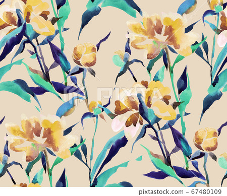 Watercolor seamless botanical pattern. Hand drawn opulent blossom peonies with foliage. Floral background in vintage style. Watercolor seamless botanical pattern. Hand drawn opulent blossom peonies with foliage. Floral background in vintage style. 67480109