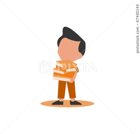 A boy holds heavy stack of school books 67480148