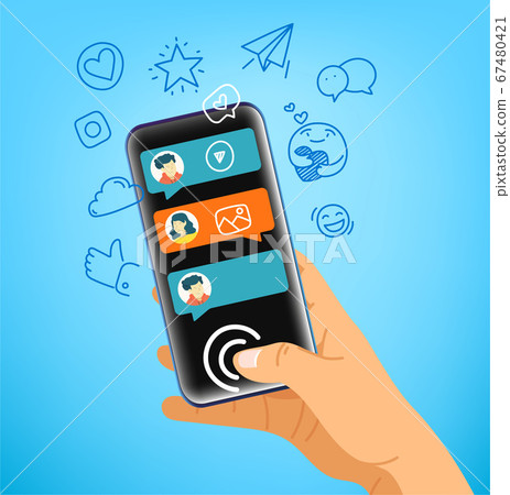 Human gesture using modern smartphone. Say hallo Human gesture using modern smartphone. Say hallo 67480421