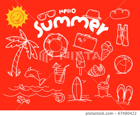 Hello summer doodle vector elements with lettering Hello summer doodle vector elements with lettering 67480422