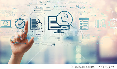 Document management system concept with hand pressing a button 67480576