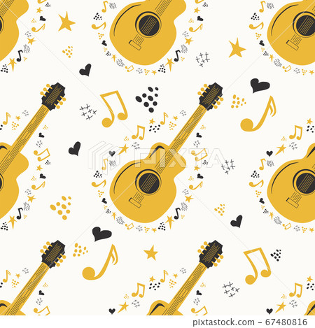 Musical seamless pattern with music notes, guitar. 67480816