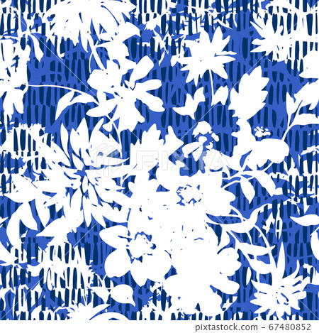 Silhouettes of garden plants and wild flowers bouquets. Vintage style. Summer floral seamless pattern made of abstract meadow flowers mixed with hatched weaving texture. Florals bloom for fabric. Silhouettes of garden plants and wild flowers bouquets. Vintage style. Summer floral seamless pattern made of abstract meadow flowers mixed with hatched weaving texture. Florals bloom for fabric. 67480852