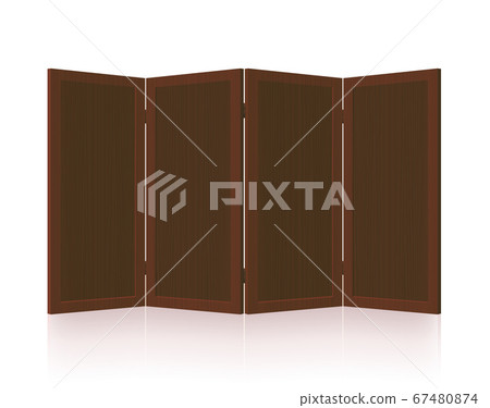 Folding screen, dark wooden room divider, partition - foldable, vintage, rustic, retro four-part interior furniture. Isolated vector illustration on white background. 67480874