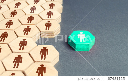 Human figurine outside company's overall system. Separation from group, promotion. To be different. Recruiting new employees to vacant places. Key person, team leader. Cooperation improves efficiency. Human figurine outside company's overall system. Separation from group, promotion. To be different. Recruiting new employees to vacant places. Key person, team leader. Cooperation improves efficiency. 67481115