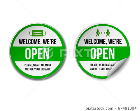 Open sign on green label - welcome back. Set of... - Stock Illustration ...