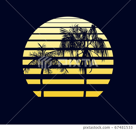 Yellow retro sunset. Two palm trees against background of an abstract setting sun. Yellow retro sunset. Two palm trees against background of an abstract setting sun. 67481533