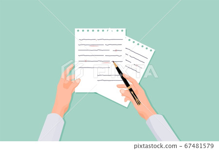 Hands with pen correct errors in text. Verification and reference of grammar on pieces paper. Hands with pen correct errors in text. Verification and reference of grammar on pieces paper. 67481579