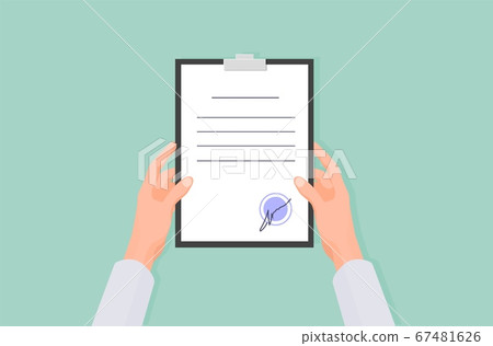 Hands hold contract. Work agreement document officially certified signature and blue seal. 67481626