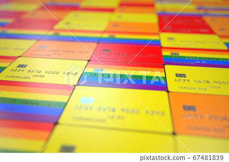 LGBTQ rainbow flag on bank cards, fictional data. 3D rendering 67481839