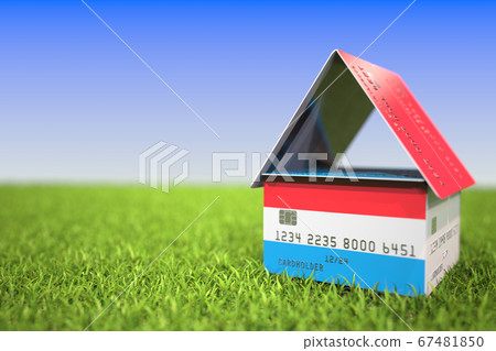 Flag of Luxembourg on plastic bank card house in the grass. Mortgage related 3D rendering 67481850