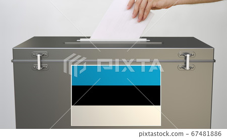 Hand putting paper ballot into ballot box with flag of Estonia. Election related 3d rendering 67481886