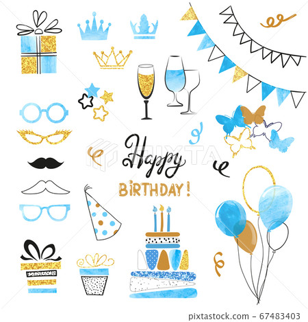 Birthday party icon set in blue, black and golden colors. Birthday party icon set in blue, black and golden colors. 67483403