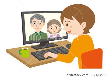 Illustration of a young woman going home online with her parents / white background Illustration of a young woman going home online with her parents / white background 67483590