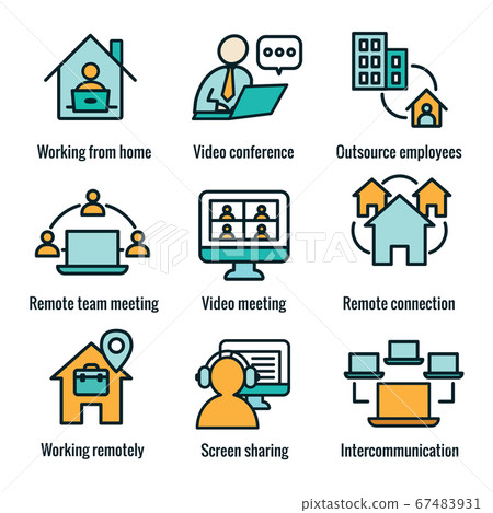 Remote work icon set with work from home, video 67483931
