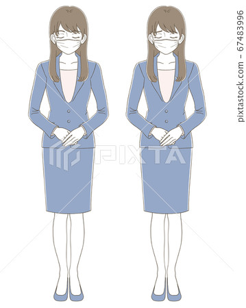 手繪風格的商務插畫插圖集的女人穿著一套西裝，鞠躬鞠躬 67483996