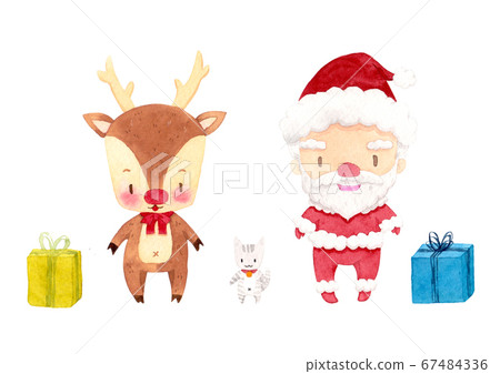 Cute Santa Claus, reindeer, cat and gift boxes. cartoon character watercolor hand painting for decoration in winter, Christmas, and new year festival advertising. isolated on white background. 67484336