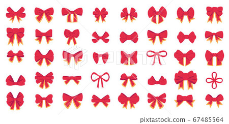 Red bow set. Cartoon vector red bows with yellow line ribbons satin bows for xmas gifts, present cards and luxury wrap pack isolated on white backgrounds 67485564