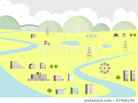 Heavy rain Scenery from dam upstream to town downstream Heavy rain Scenery from dam upstream to town downstream 67486294