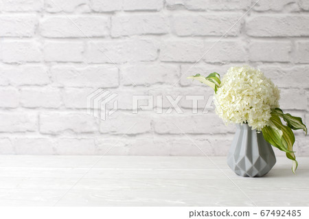 Green hydrangea in a gray vase in the Nordic style stands on a white wooden table. Background old brick. Bundle, copy space. 67492485