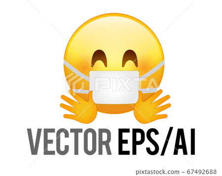 The isolated vector yellow happy smiley face icon with red cheek, hugging hands and mask The isolated vector yellow happy smiley face icon with red cheek, hugging hands and mask 67492688