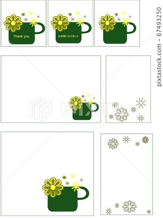 Illustration message card with flowers arranged in a mug and letters and memos Illustration message card with flowers arranged in a mug and letters and memos 67493250