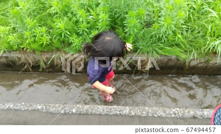 A girl frolicking in an agricultural waterway 67494457
