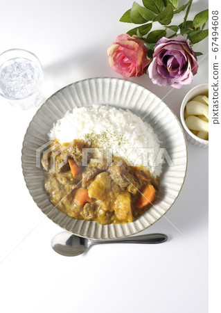 Hot beef tendon curry with lots of potatoes and carrots, chilled radish, and rose artificial flowers Hot beef tendon curry with lots of potatoes and carrots, chilled radish, and rose artificial flowers 67494608