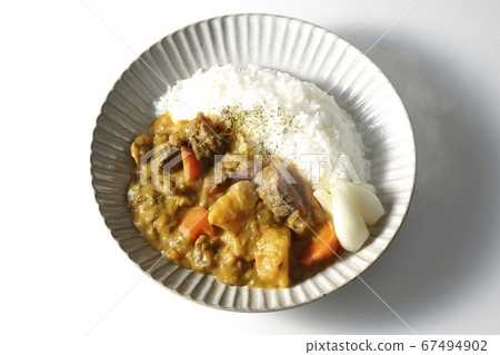 Hot beef tenderloin curry with lots of potatoes and carrots topped with radish (white background, bird's eye view) 67494902