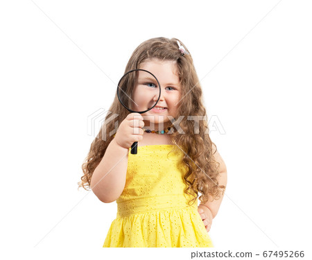 Little girl child looking through a magnifying glass on white background Little girl child looking through a magnifying glass on white background 67495266