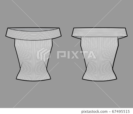 Off-the-shoulder ribbed-knit top technical fashion illustration with sleeveless, close-fitting shape.  67495515