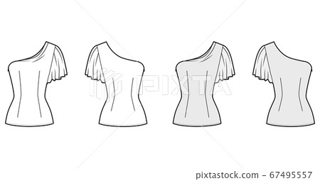 One-shoulder top technical fashion illustration with fitted body, close fit, sleeveless, side zip fastening One-shoulder top technical fashion illustration with fitted body, close fit, sleeveless, side zip fastening 67495557