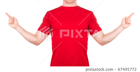 Man in red t-shirt pointing arm and fingers on the side isolated white Man in red t-shirt pointing arm and fingers on the side isolated white 67495772