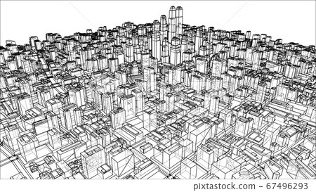 Wire-frame Twisted City, Blueprint Style 67496293