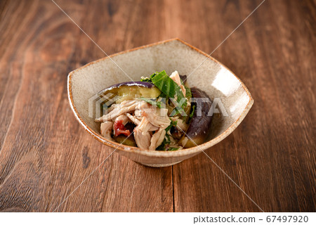 Steamed eggplant and chicken fillet with ume shiso salad Steamed eggplant and chicken fillet with ume shiso salad 67497920