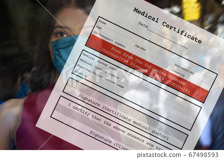Woman face with blank personal medical certificate Woman face with blank personal medical certificate 67498593