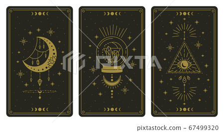 Magical tarot cards. Magic occult tarot cards, esoteric boho spiritual tarot reader moon, crystal and magic eye symbols vector illustration set Magical tarot cards. Magic occult tarot cards, esoteric boho spiritual tarot reader moon, crystal and magic eye symbols vector illustration set 67499320