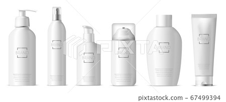 Realistic plastic skincare package. Cosmetic 3d plastic bottle, dispenser pump and spray, shampoo, lotion, soap package vector illustration set Realistic plastic skincare package. Cosmetic 3d plastic bottle, dispenser pump and spray, shampoo, lotion, soap package vector illustration set 67499394