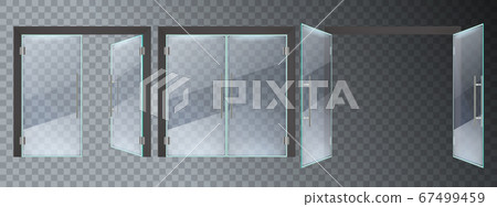 Realistic glass door. Entrance modern glass doors, office or shop mall steel frame close and open doors vector illustration set Realistic glass door. Entrance modern glass doors, office or shop mall steel frame close and open doors vector illustration set 67499459