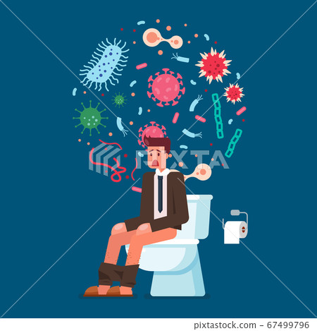Businessman sitting on toilet bowl and suffering Businessman sitting on toilet bowl and suffering 67499796