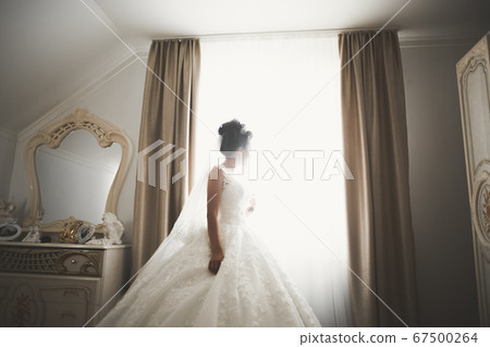 Gorgeous bride in robe posing and preparing for the wedding ceremony face in a room 67500264