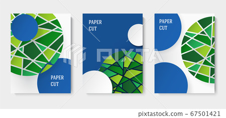 Set of abstract blue and white backgrounds in paper style. Poster with green mosaic elements. Place for text. Vector 67501421