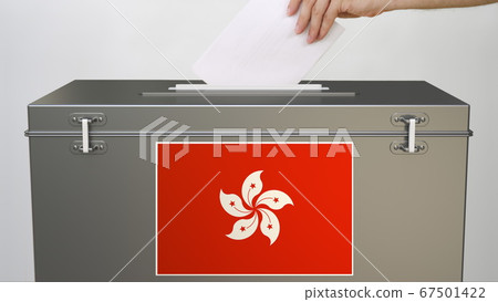 Hand putting paper ballot into ballot box with flag of Hong kong. Election related 3d rendering Hand putting paper ballot into ballot box with flag of Hong kong. Election related 3d rendering 67501422