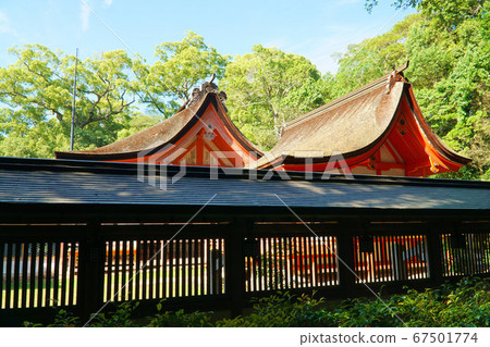 [Iyoguni Ichinomiya] Oyama Gion Shrine Honden, Setouchi Kamitsusha, and the clear rainy sky Imabari City, Ehime Prefecture 67501774