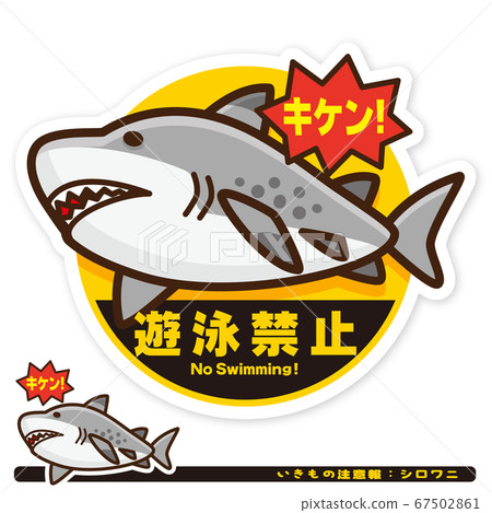 Ikimono Warning: Shark (Sand Tiger) Swimming Prohibition Sign 67502861