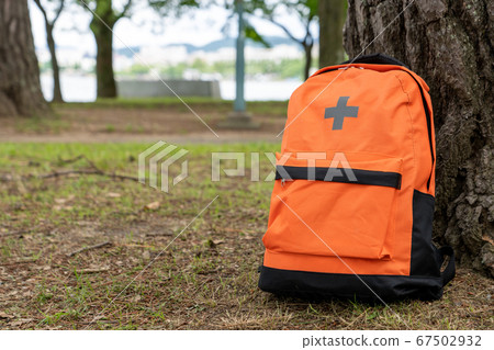 Disaster prevention rucksack placed in the plaza 67502932